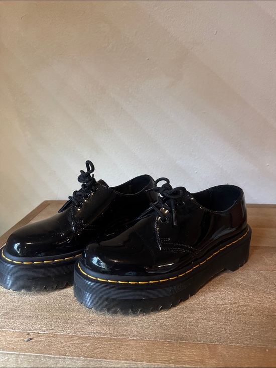 Dr. Martens Shoes - Dr. Martens Black Patent Platform Lace-Up Shoes with Yellow Stitching